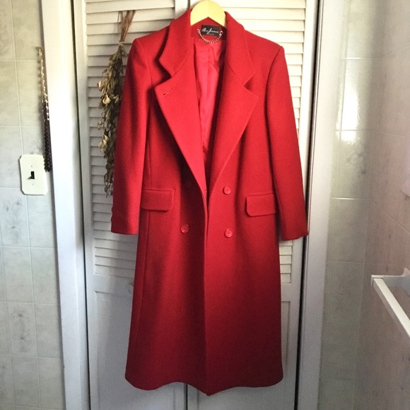 {Vintage} 100% Red Wool Long Double Breasted Coat - Picture 3 of 8